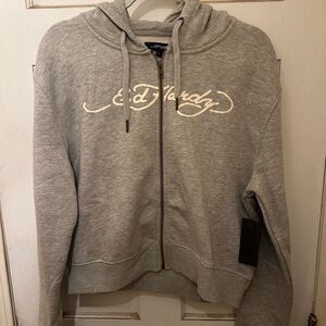 Gray Ed Hardy Zip-Up Hoodie w/ La Virgen Design